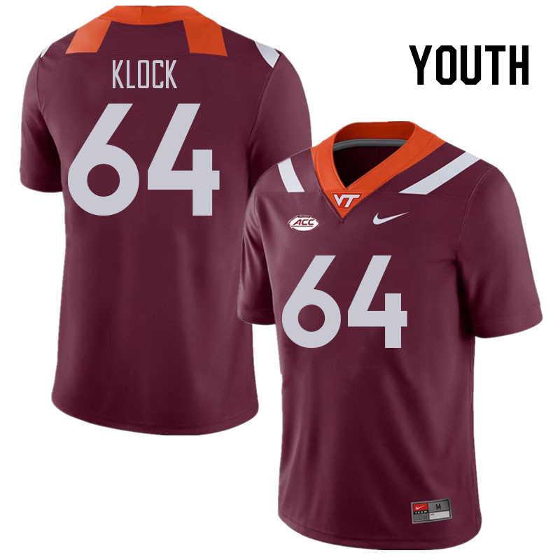 Youth #64 Elijah Klock Virginia Tech Hokies College Football Jerseys Stitched Sale-Maroon
